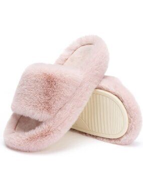 Women's Pink Breathable Classic Foam Faux Fur Lined Open Toe Soft Slipper Shoes